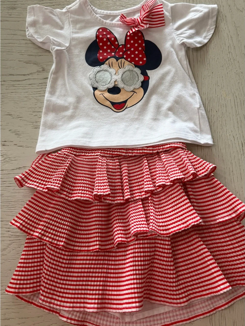 Disney Minnie Mouse White Top Red Striped Ruffle Tiered Skirt Matching Set 4T